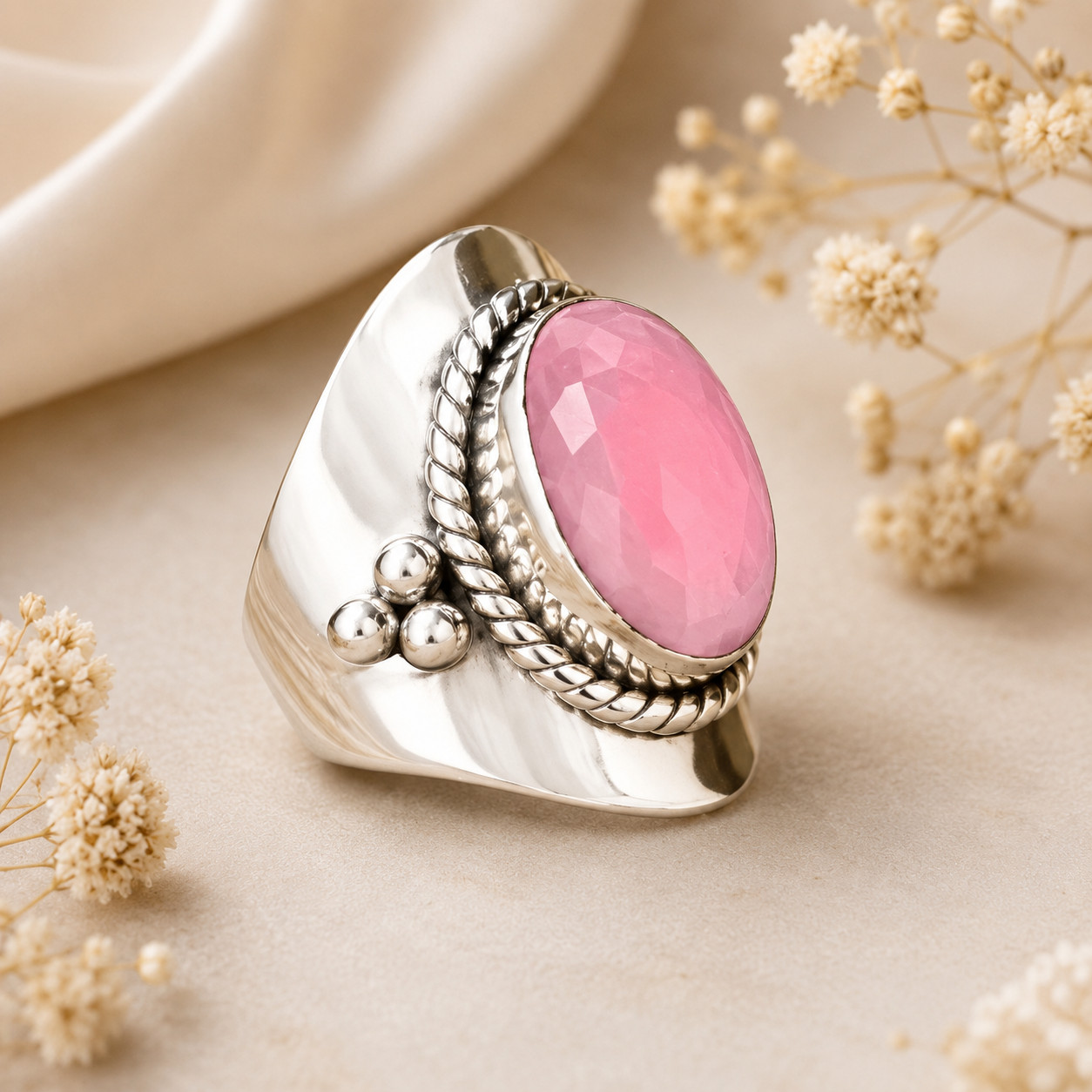 Pink Moonstone 925 Sterling Silver Ring Elegant Handmade with Oval Gemstone AB06