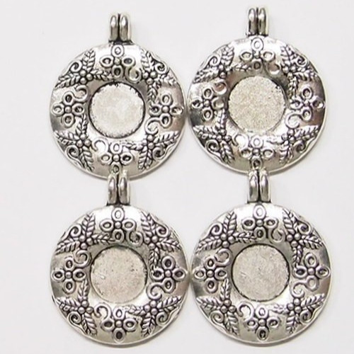 4 of 15mm Round Antique Silver Victorian Scroll Leaves Pendant Settings 44x36mm