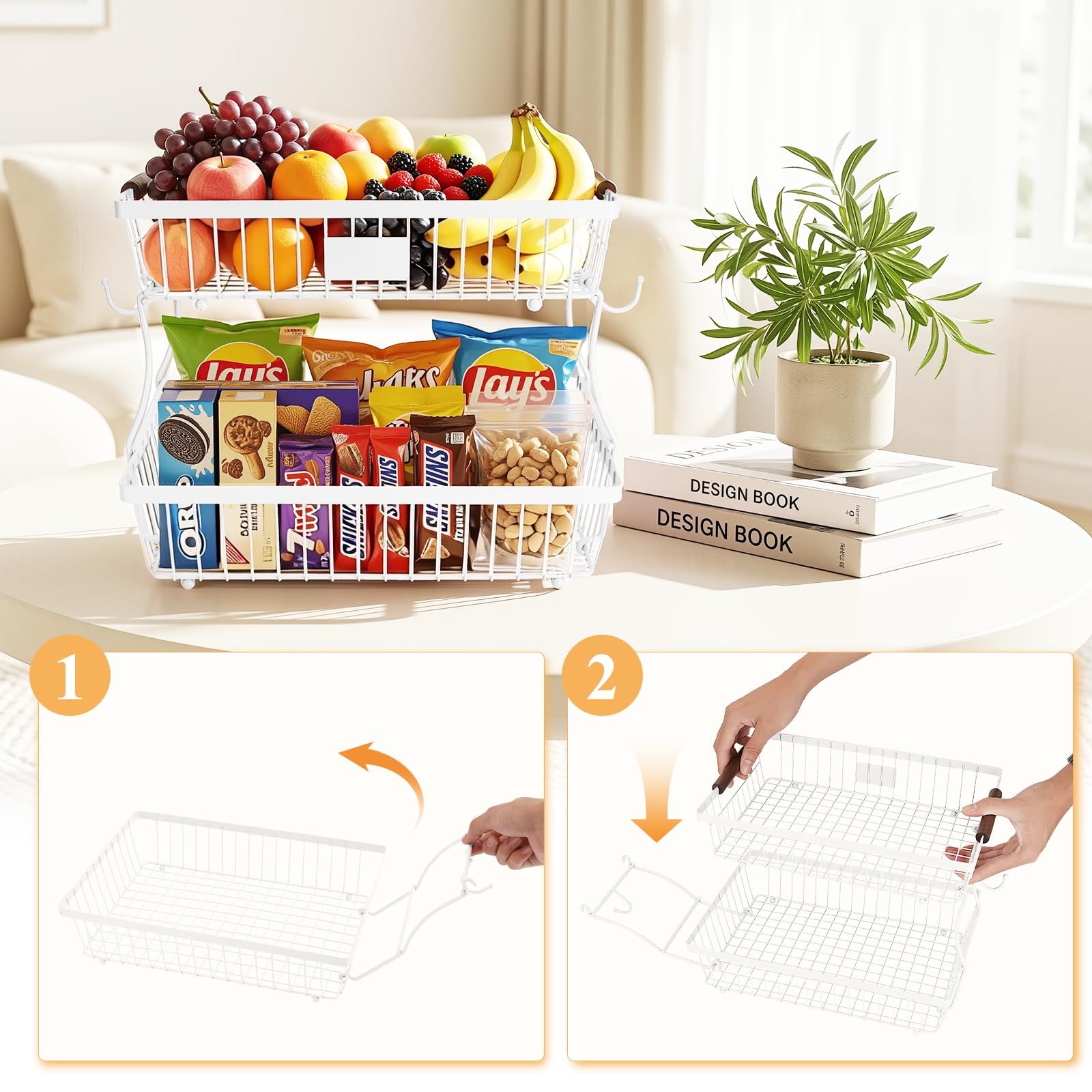 2-Tier Stackable Wire Basket with 2 Banana Hooks, Pantry Organizer for Kitche...