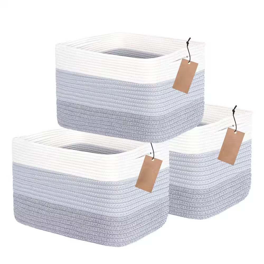 White 11 In. X 9.5 In. Cotton Decorative Basket Set of 3 with Handles for Shelve
