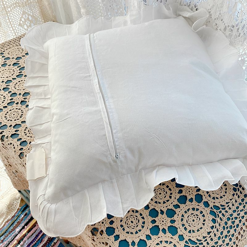 Elegant White Flower Embroidery Hand Hemstitch Wide Frill Cotton Cushion Cover