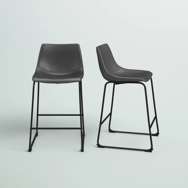 [PAIR OF 2] 28.5" Counter-Height Low-Back Barstool Chairs Gray Faux Leather NEW!