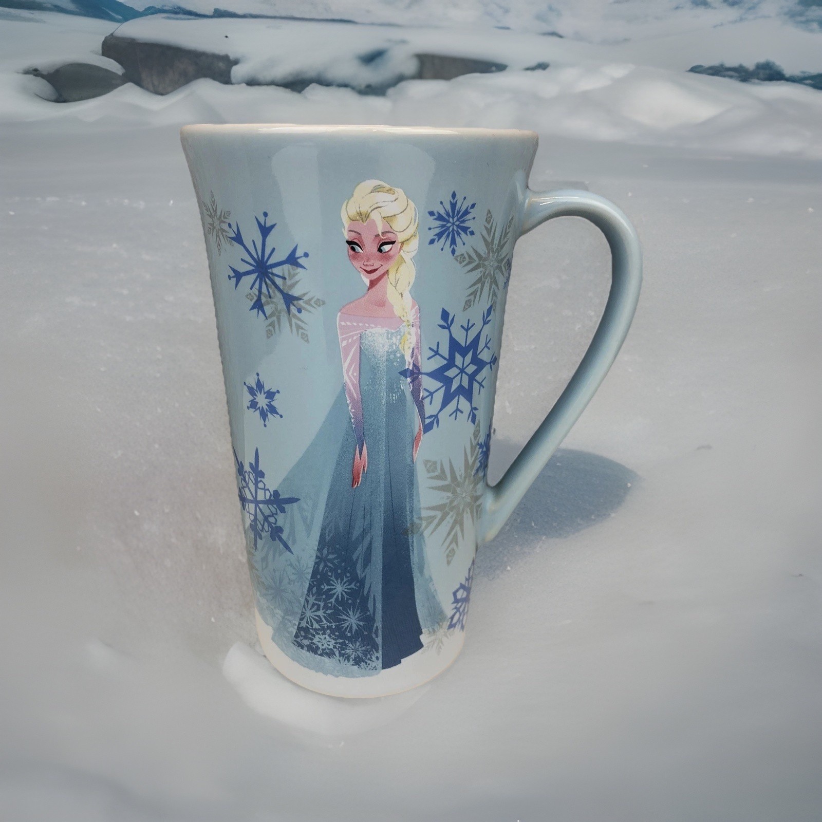 Disney Store Frozen Elsa Tall Latte Blue Ceramic Coffee Mug Cup With Snowflakes