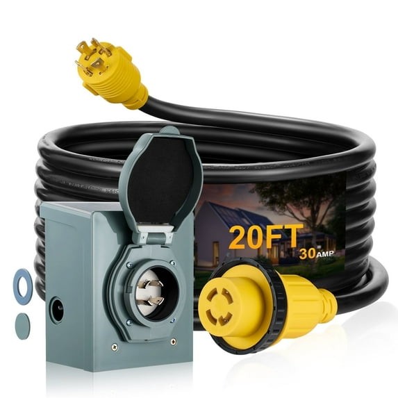 20FT 30A RV Extension Cord with Generator Inlet Box L14-30P to L14-30R ETL
