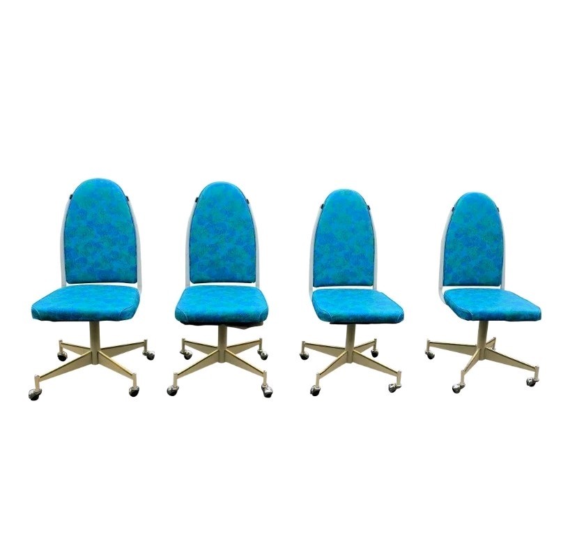 Vintage 4 METALCRAFT BLUE FLORAL Dining Table Chairs Swivel With Casters