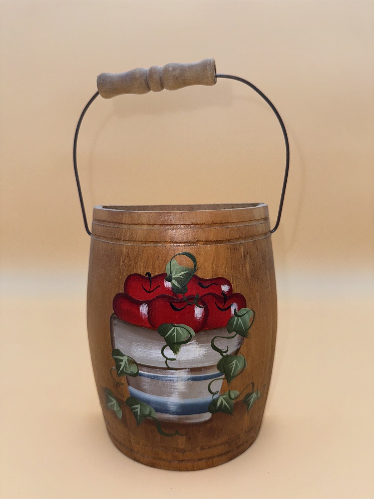 Vtg All Star Creations Wood Barrel Half Bucket Handle Wall Pocket Apple Decor