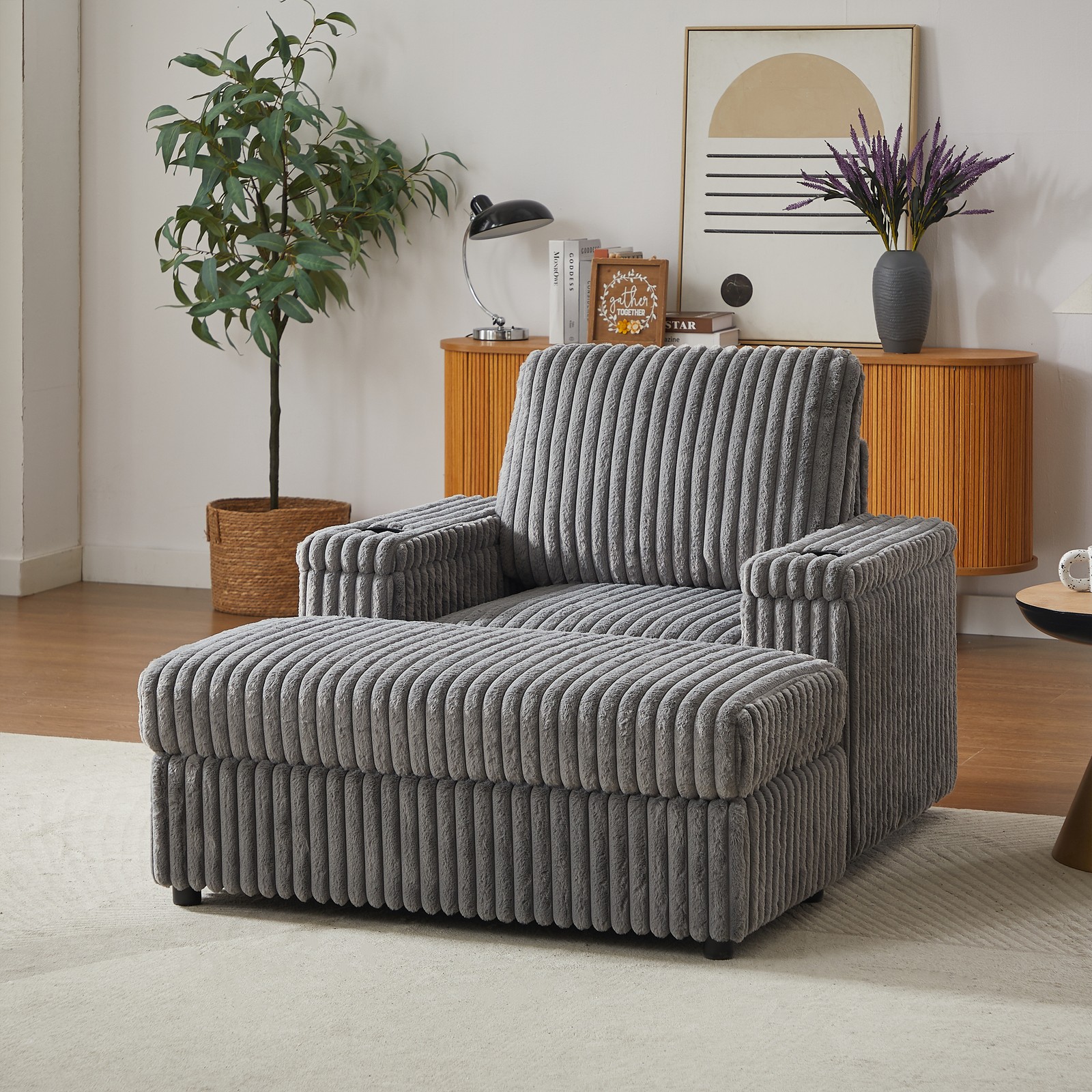 42.5-inch corduroy single recliner with backrest pillow, cup holder design, sto