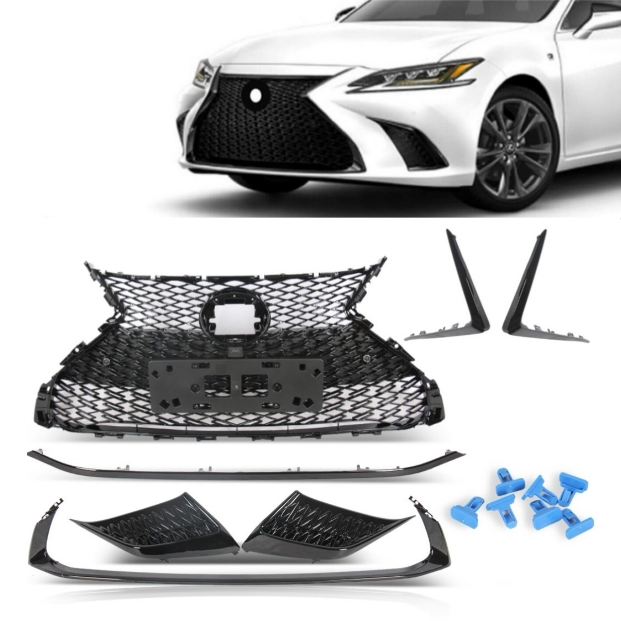 Front Upper Grille &Foglight Bezel For 2019-2022 Lexus ES350 ES300H F-Sport