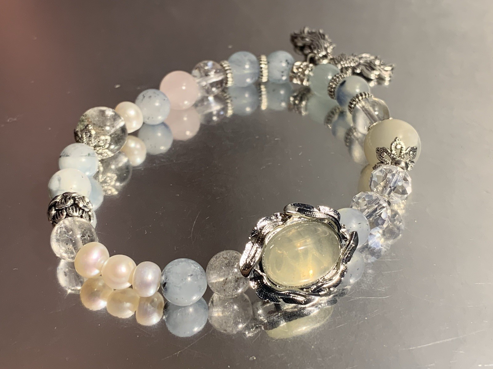 Natural Aquamarine  with Fluorite Pearl and Rose Quartz Bracelet