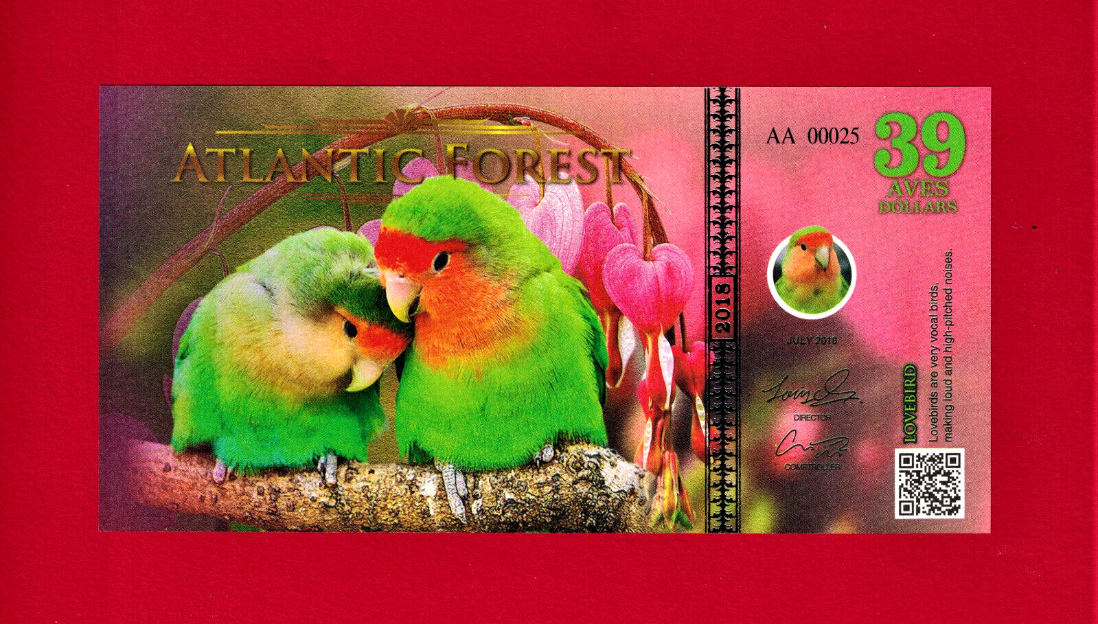 SCARCE 39 AVES DOLLARS 2018 ATLANTIC FOREST LOVEBIRD, 2-DIGITS SERIAL# UNC NOTE