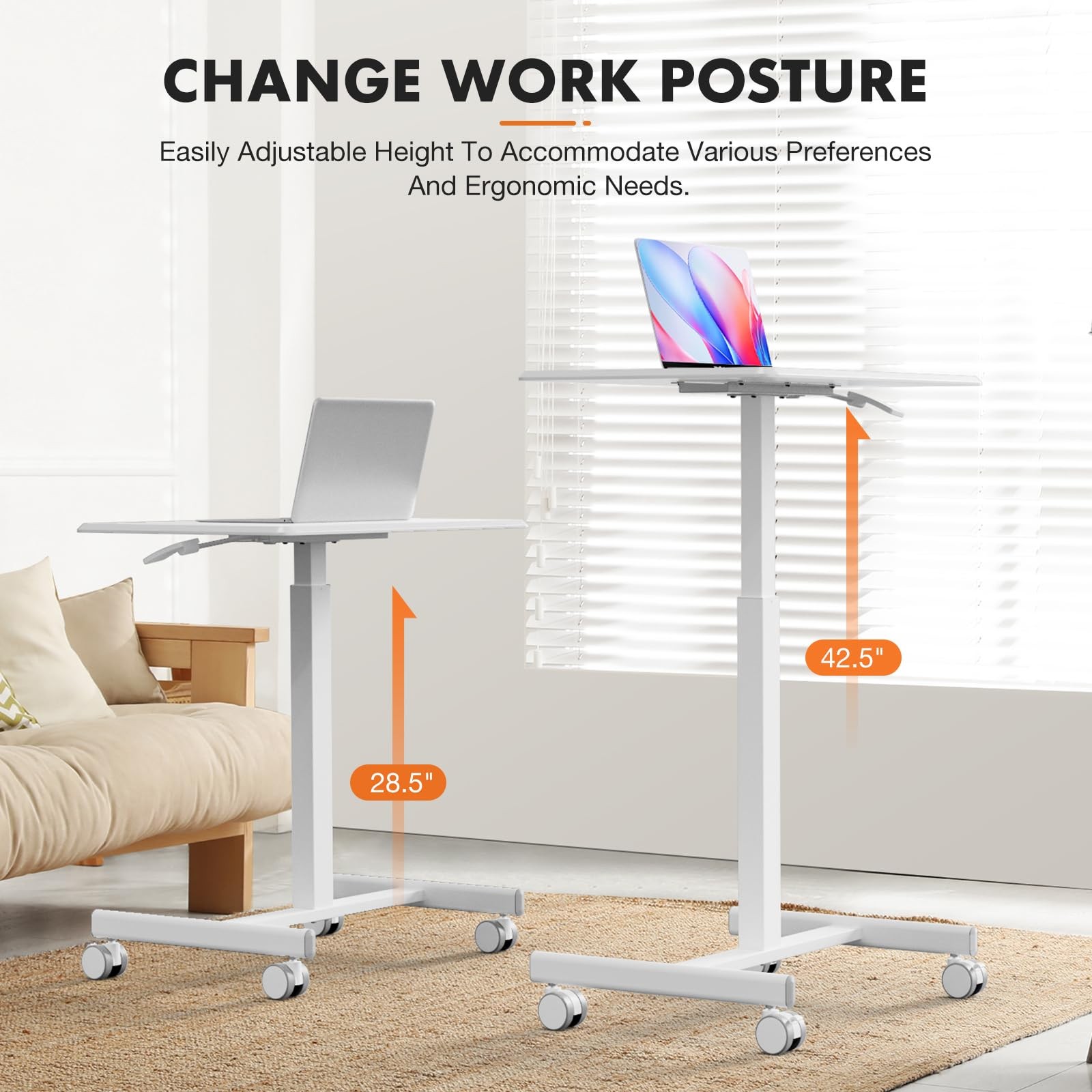 Mobile Standing Desk White Adjustable Height Rolling Laptop Cart Sit Stand Table