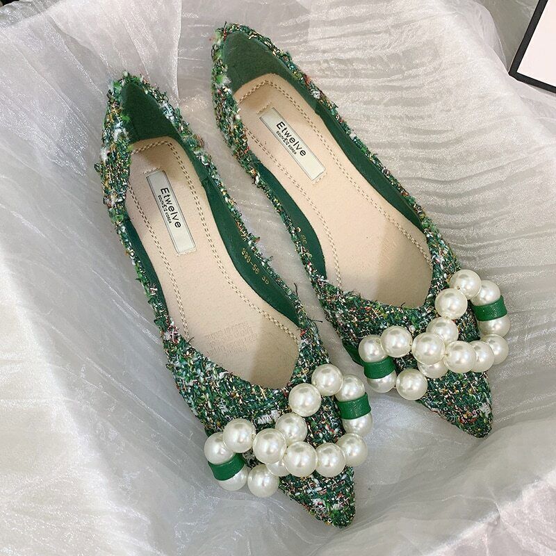 Flat Shoes Women Pearls Pointy Toe Green White Ballet Women Slip On Loafer Dress