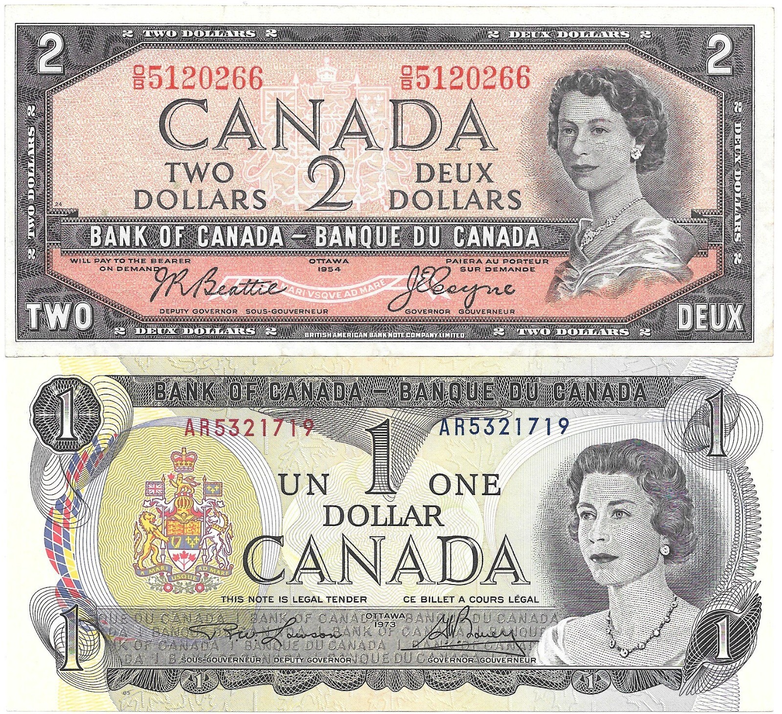 2 Different Canada Notes 1954 $2, Lt. Circ, 1973 $1, AU/UNC
