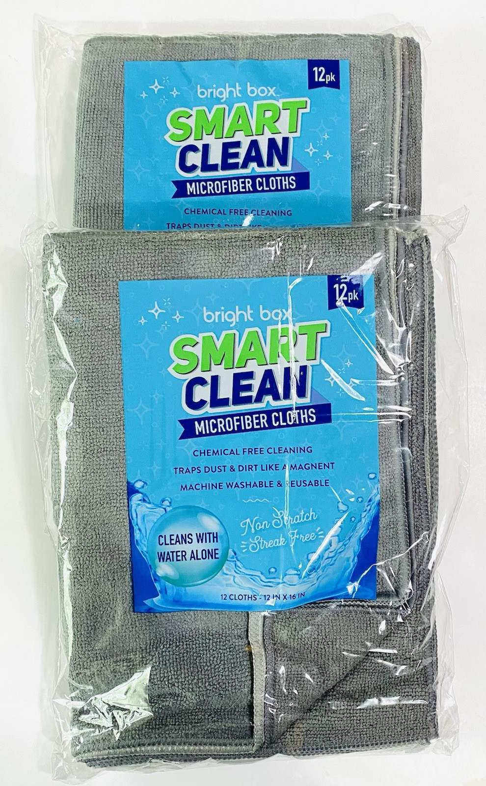 (2) Bright Box Smart Clean Microfiber Cloths, Gray, 12 pk - 12" x 16", NEW