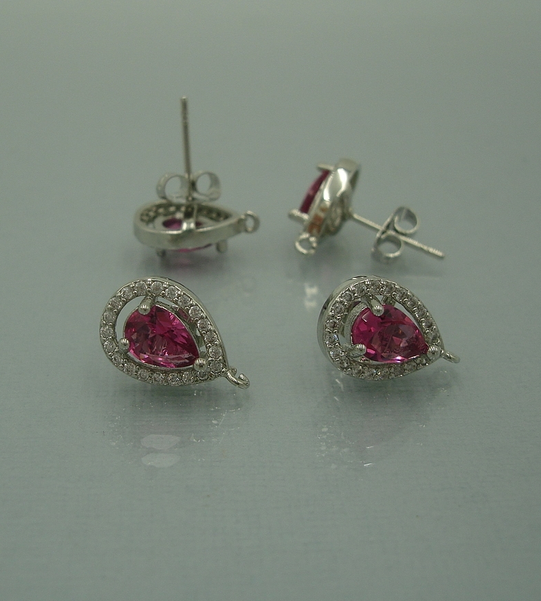 2pcs-Teardrop Rose Pink Cubic Zirconia CZ Rhodium Plated Earstud Earrings Post.