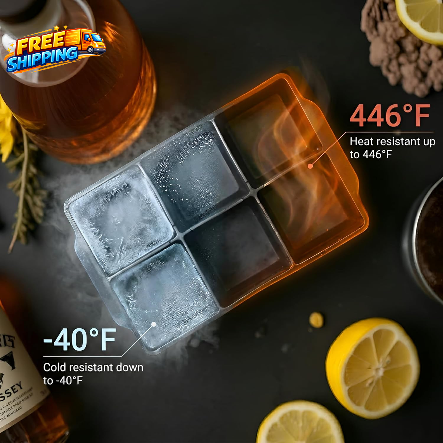 Large Silicone Ice Cube Tray (2-Pack), Easy Release 2" Big Ice Cubes - Cocktail,