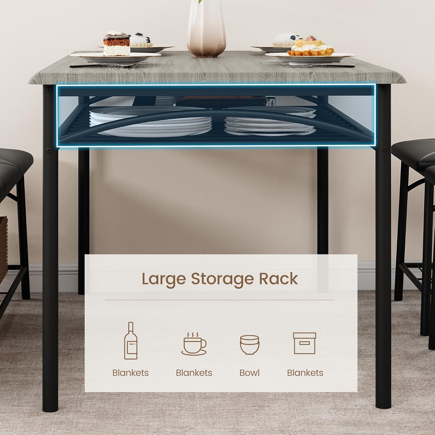 Kitchen Table Set for 4 Dining Table with Bench and 2 Square Stools Storage USA