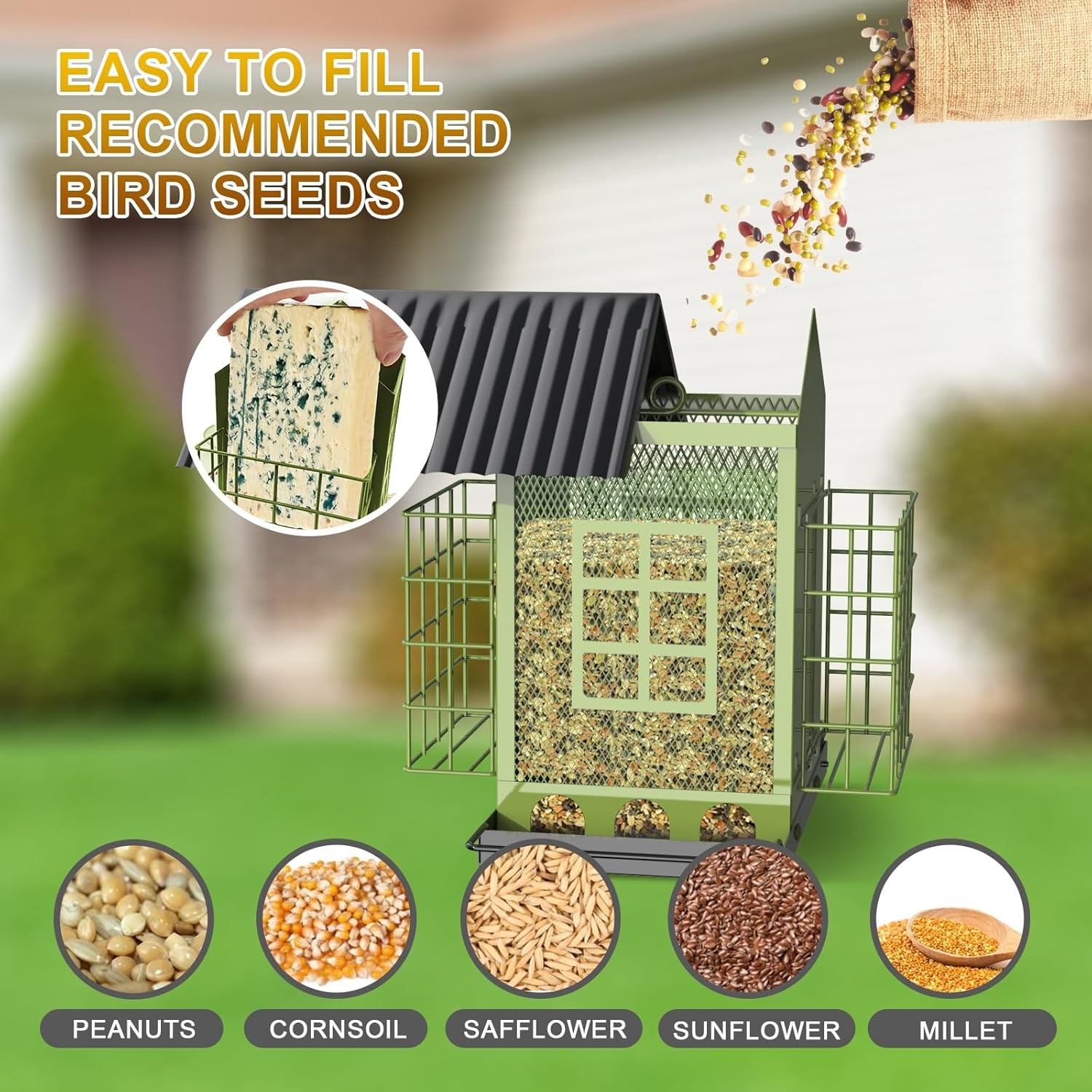 Bird Feeders for Outdoors Hanging, Metal Feeder with Double Suet Green