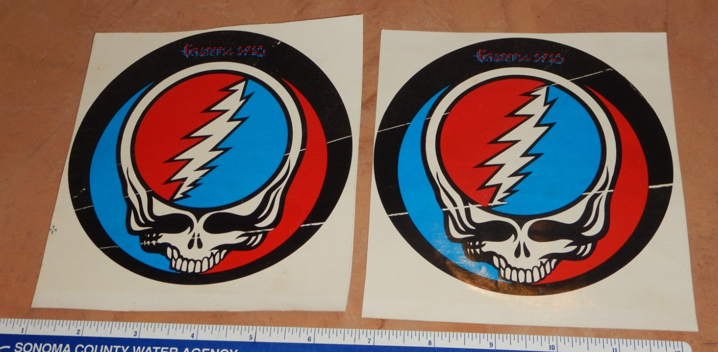 LOT OF 2 ORIGINAL 1980s GRATEFUL DEAD STEAL YOUR FACE STICKER, 5 1/4", NOS