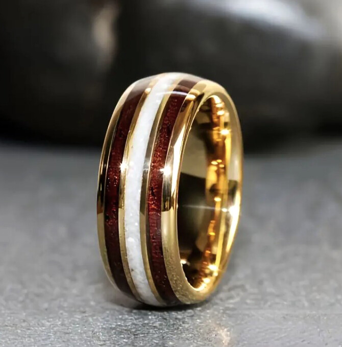Men's Gold Over 316 Stainless - Mother Of Pearl & Whiskey Barrel Wood Band Ring