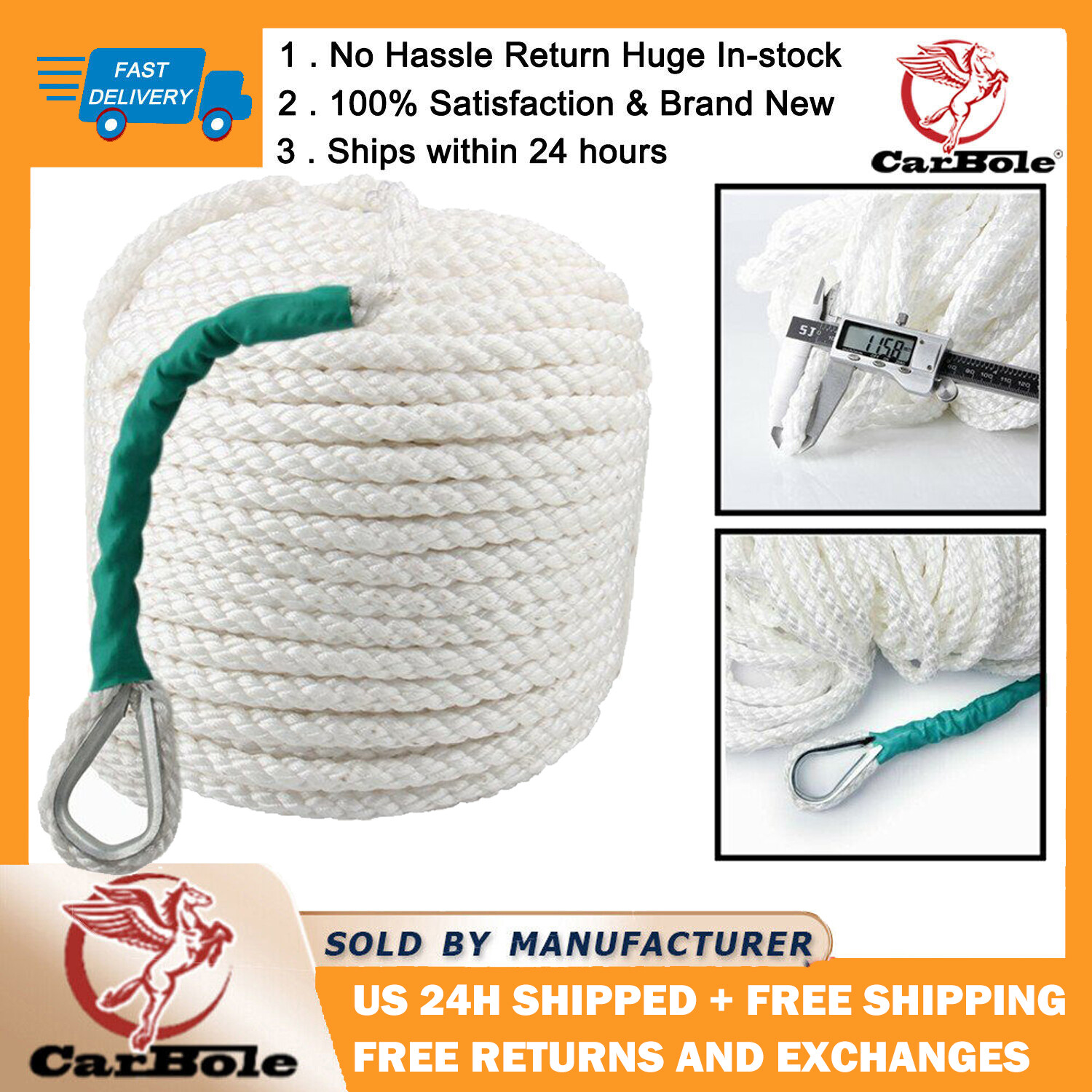 1/2"x100' Twisted Three Strand Nylon Anchor Rope Boat Thimble Boat Line Dockline
