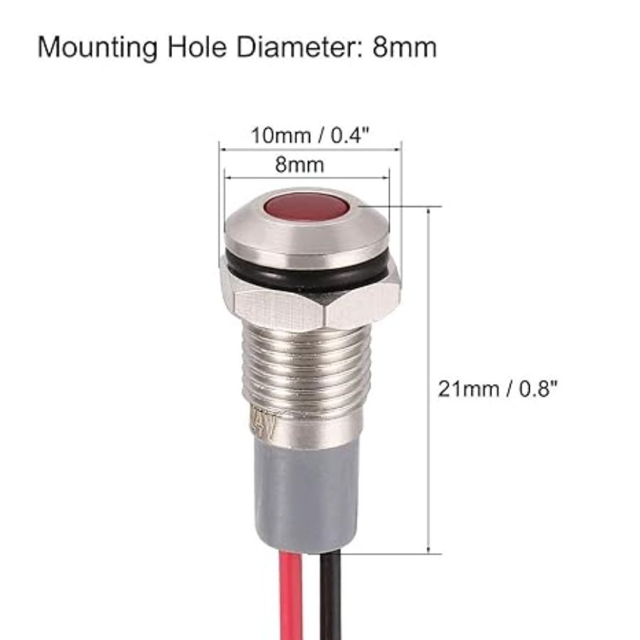 Signal Indicator Lights AC/DC 12V-24V 8mm Panel Mount Red LED Waterproof Red