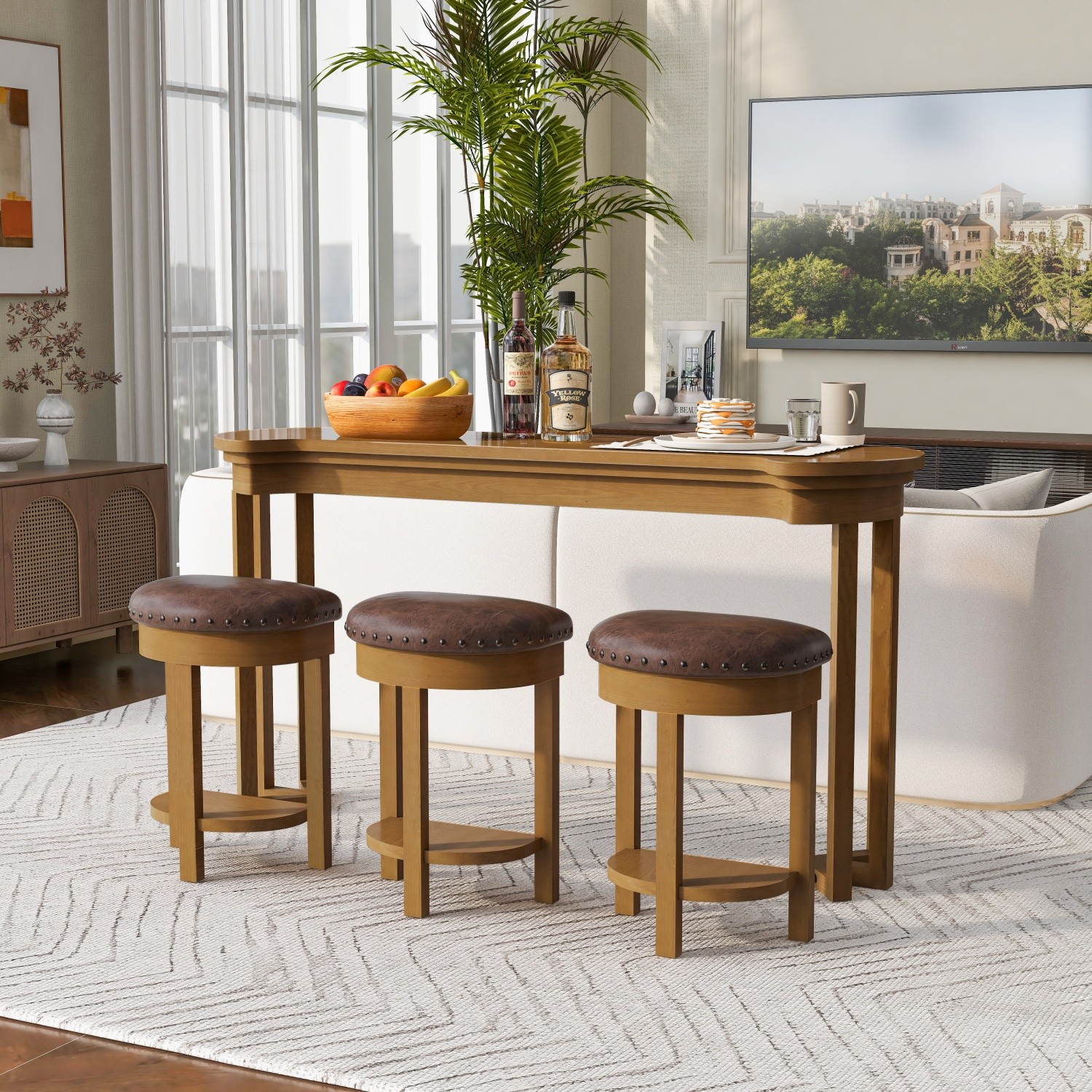 4 Piece Kitc/hen Counter Height Bar Table Set with 3 PU Padded Solid Wood Stool