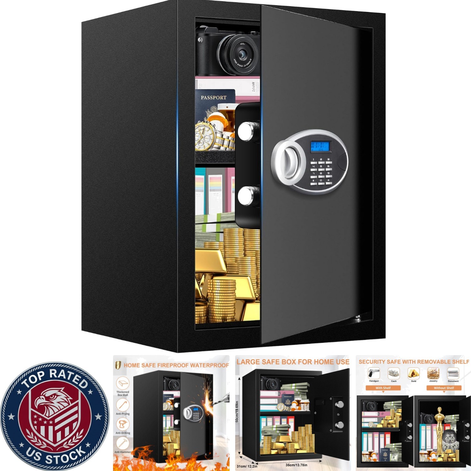 Waterproof 3.3 Cu Ft Digital Safe with Removable Shelf for Valuables & Documents