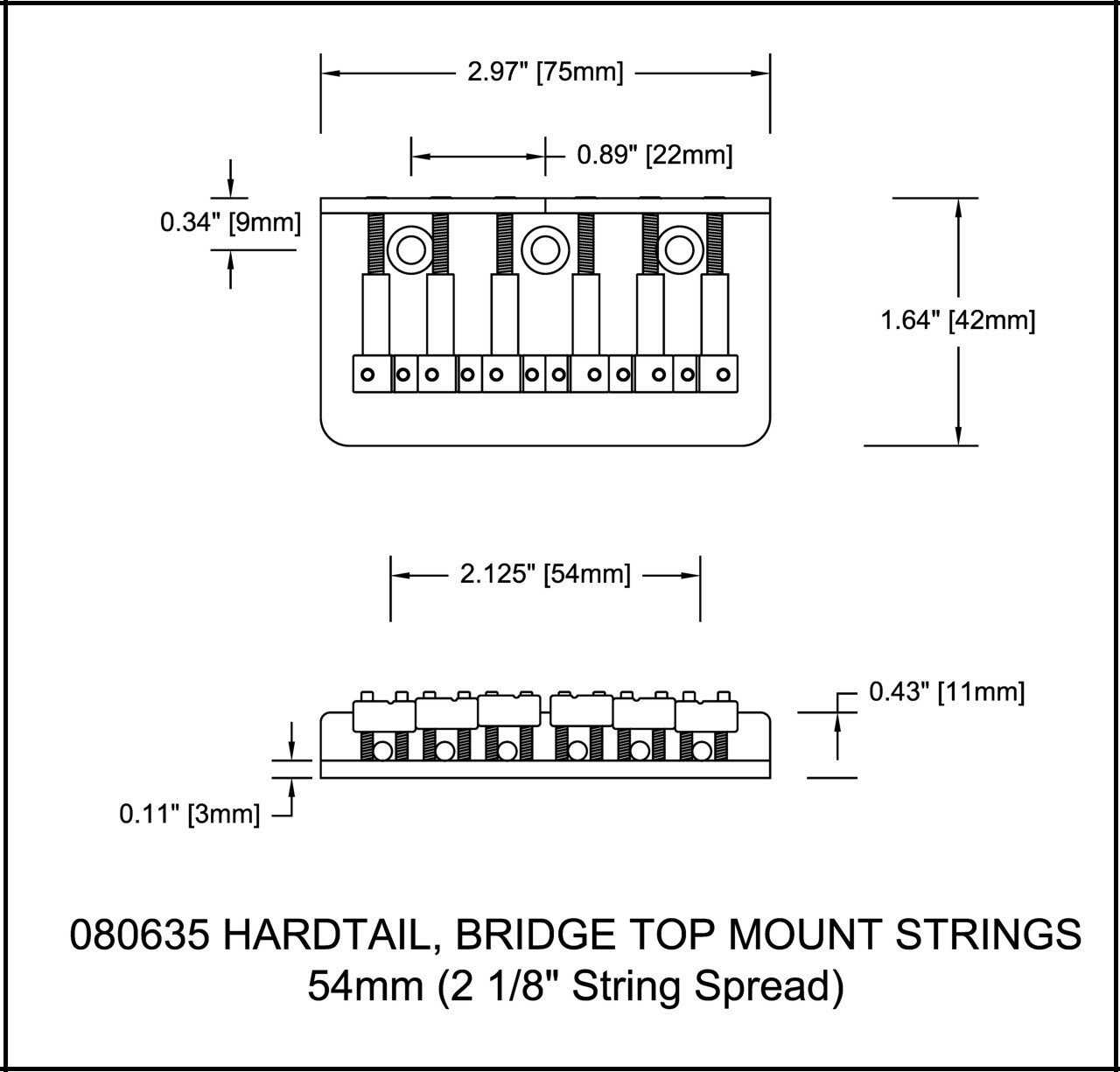 Bridge Hardtail 54mm Spread string thru bridge Top mount Chrome 2 1/8