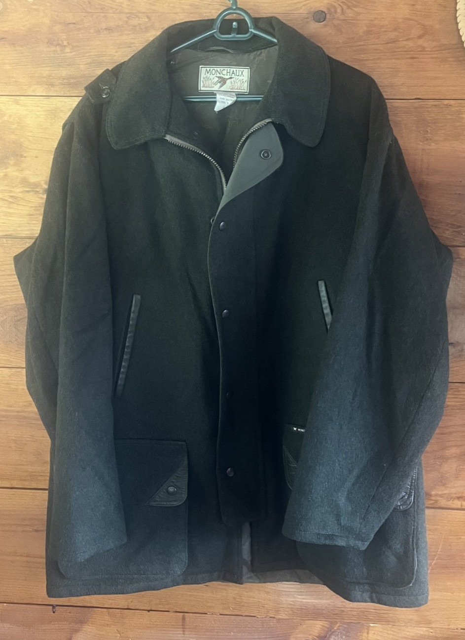 Vintage Monchaux Mens Hunting Jacket Coat Wool Olive Green Large Made in France