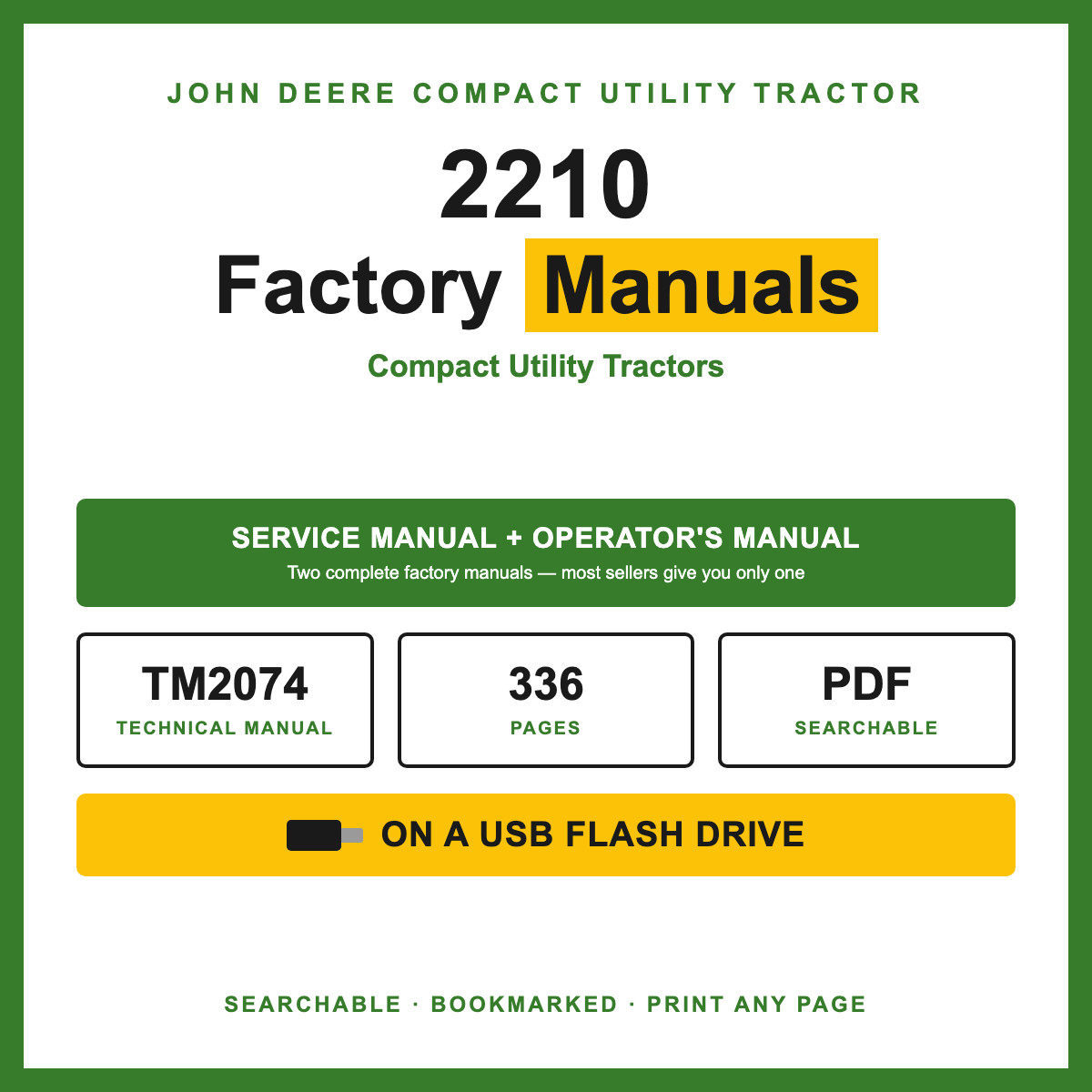 John Deere 2210 Utility Tractor Service Repair Technical Manual TM2074 USB