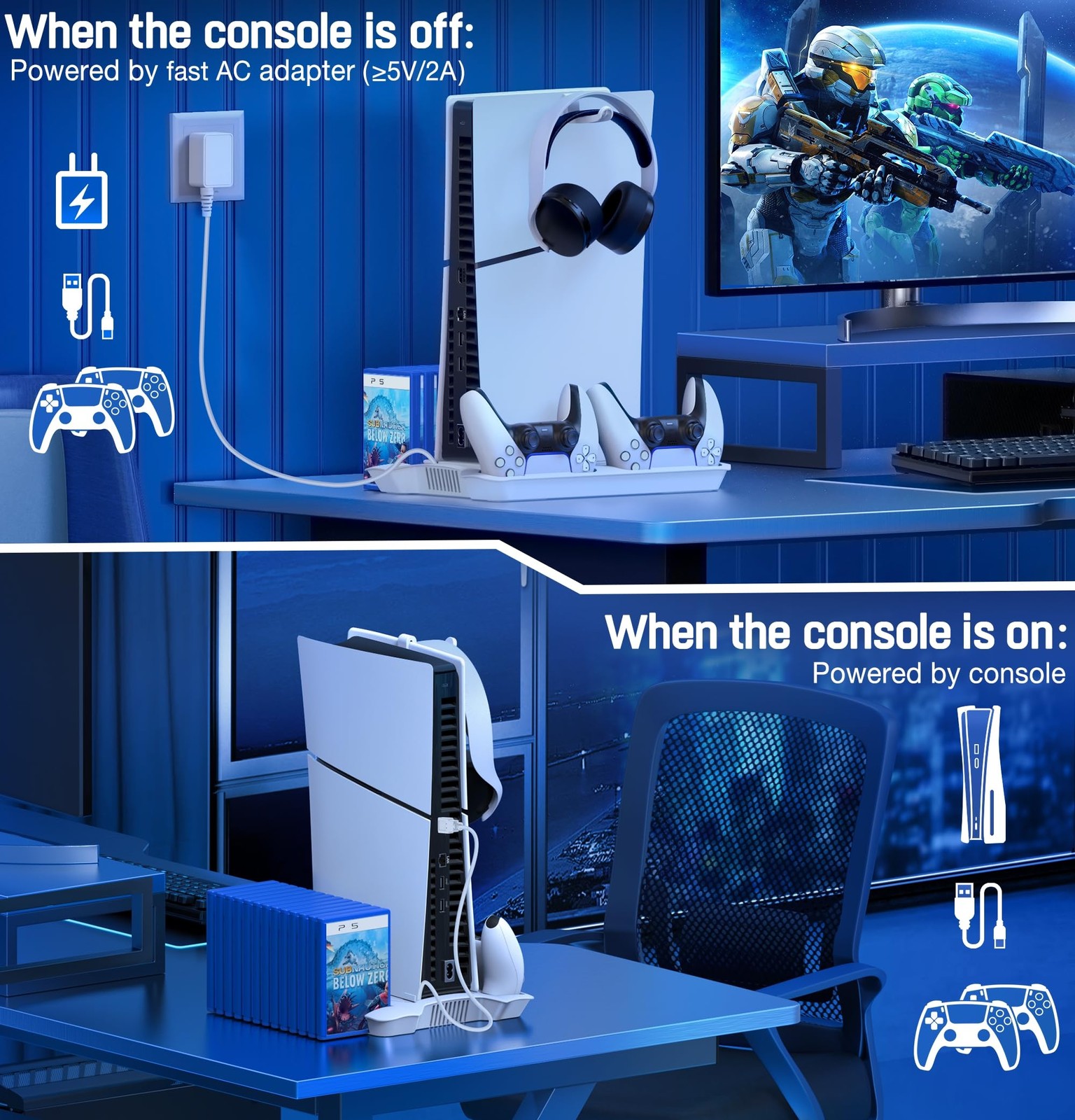PS5 Pro/Slim/PS5 Stand and Cooling Station with Controller Q254-PS5