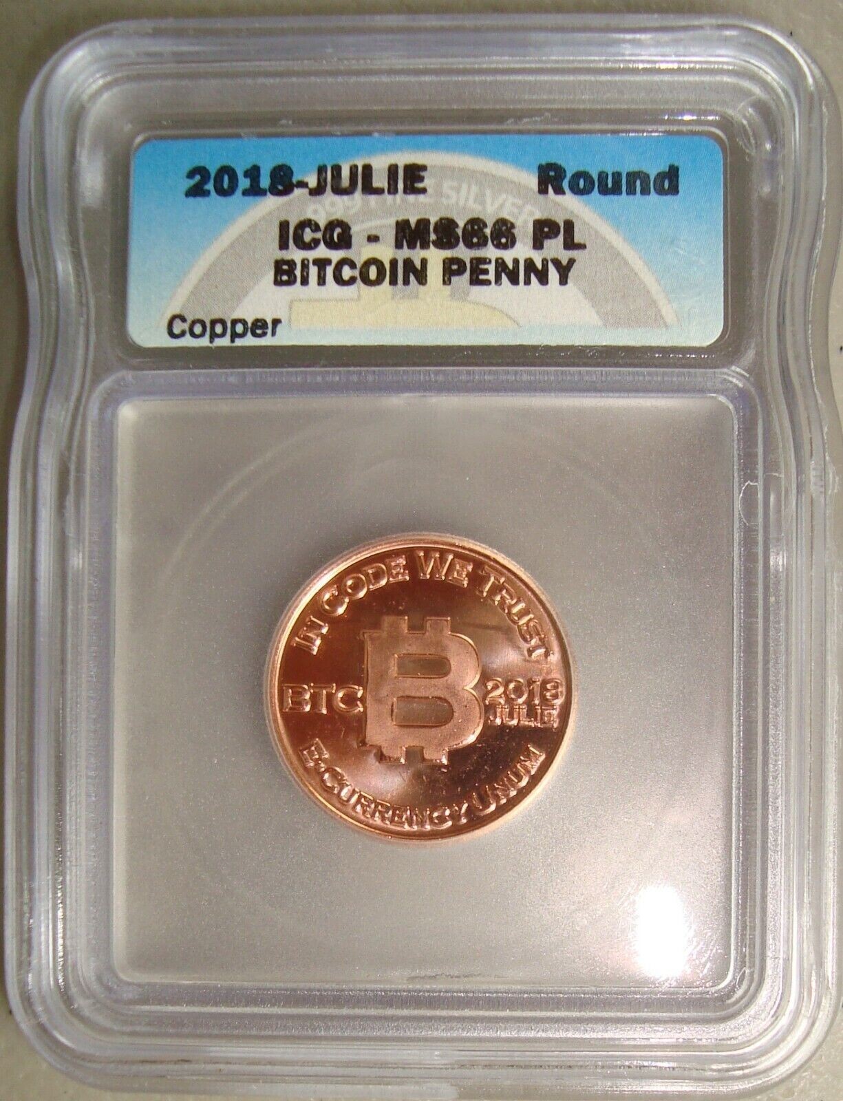 2018-JULIE Bitcoin Penny, Node Reverse, Copper Coin Round Token Graded CG MS66PL