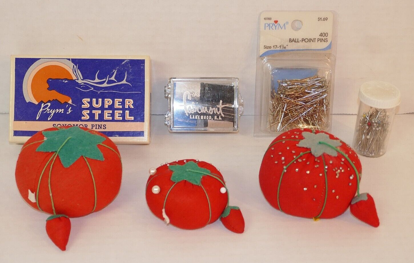 Lot of Vintage Sewing Notions-3 Tomatos w/strawberry, Prym's Pins, Sewing Kit