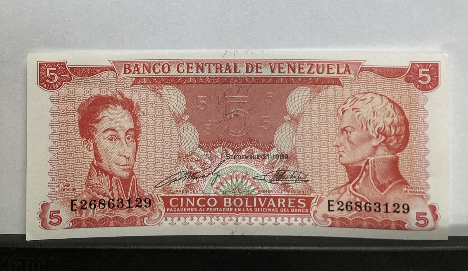 1989 Venezuela 5 Bolivares, 1989, P-70a, UNC banknote paper money