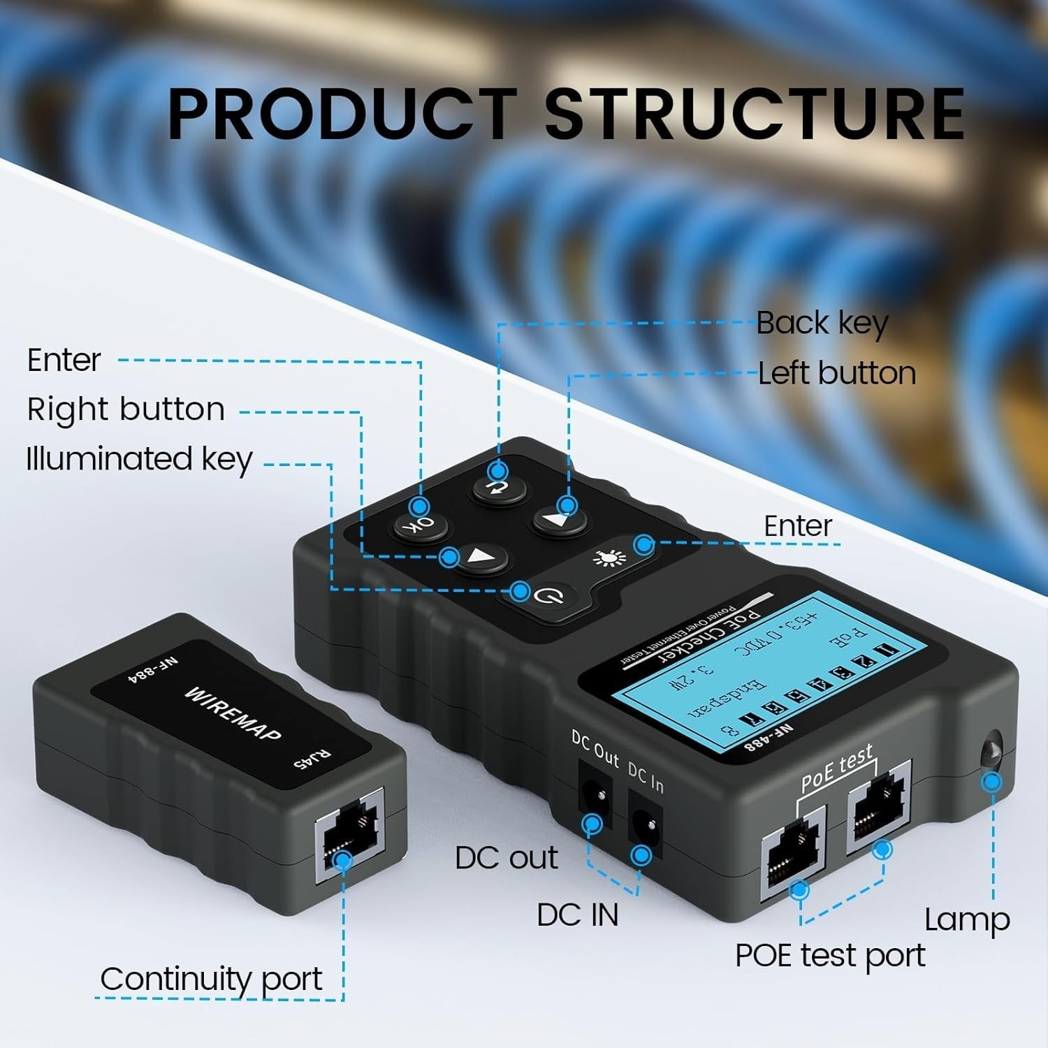POE & Continuity Network Tester with Backlit LCD - Efficient & Lightweight