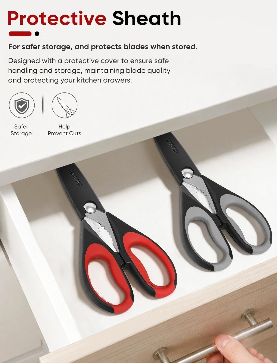 iBayam Kitchen Scissors Shears All Purpose 2-Pack, Black Red, Gray