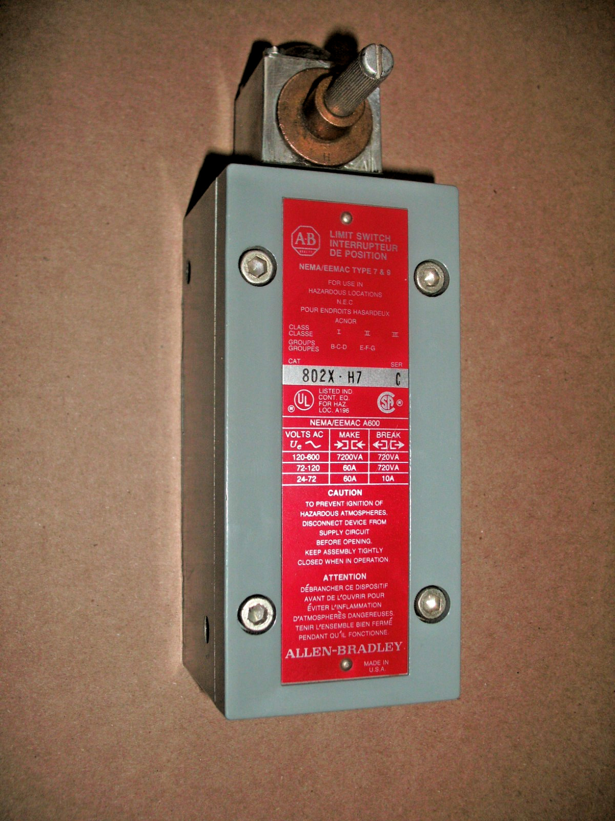 ALLEN BRADLEY 802X-H7 HAZARDOUS LOCATION LIMIT SWITCH 802XH7