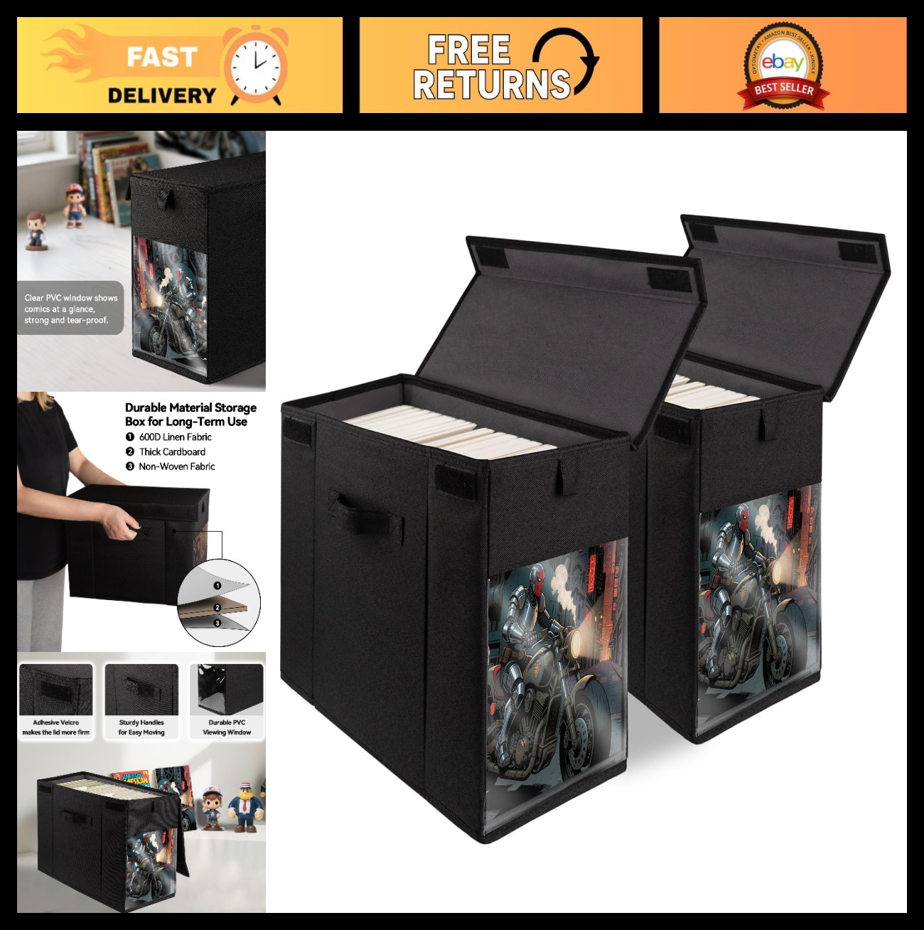2 Pack Collapsible Comic Book Storage Box with Lid, Heavy Duty Organizer, Black