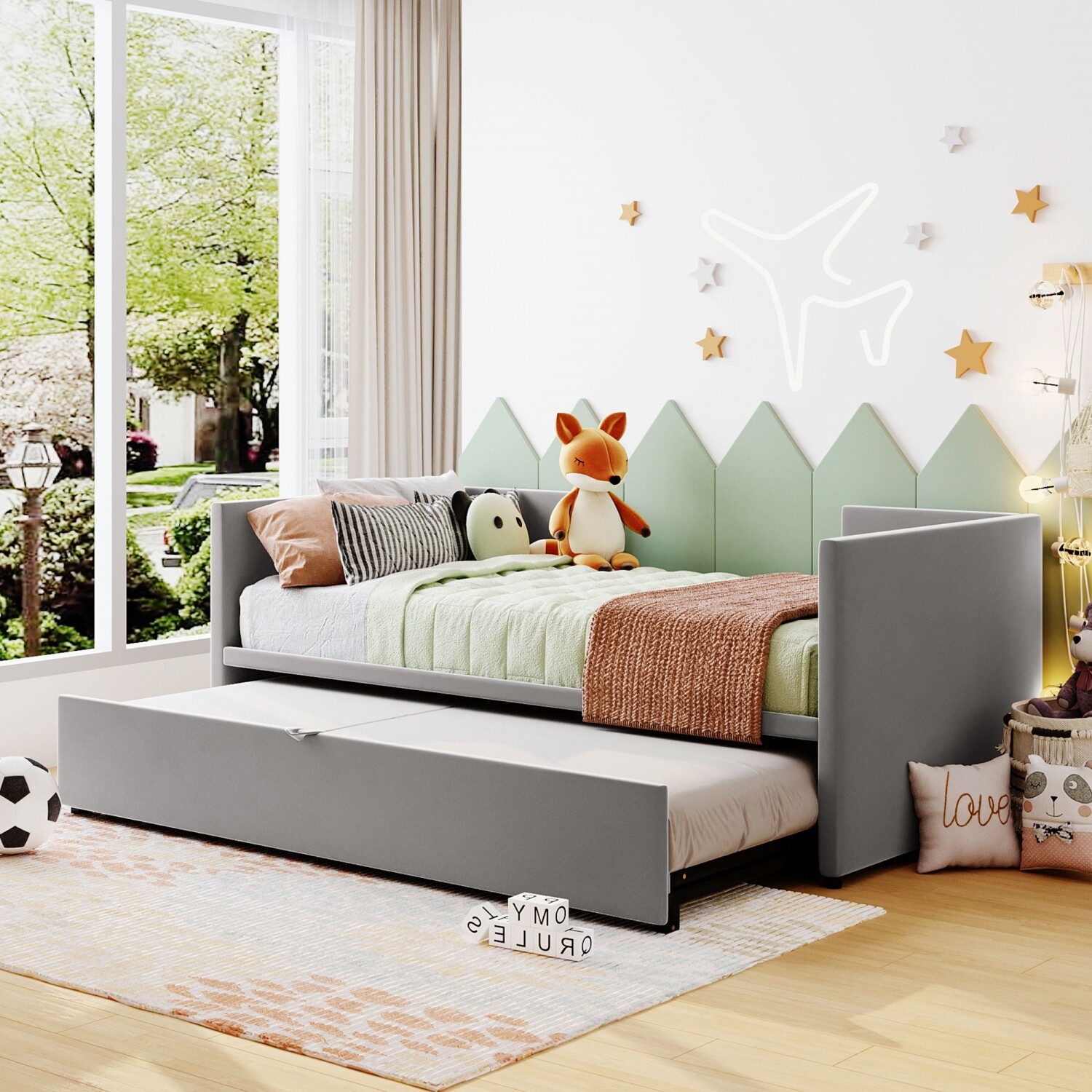 Twin Size Daybed Upholstered Bed Frame Sofa Bed with Trundle Gray/Pink/Beige US