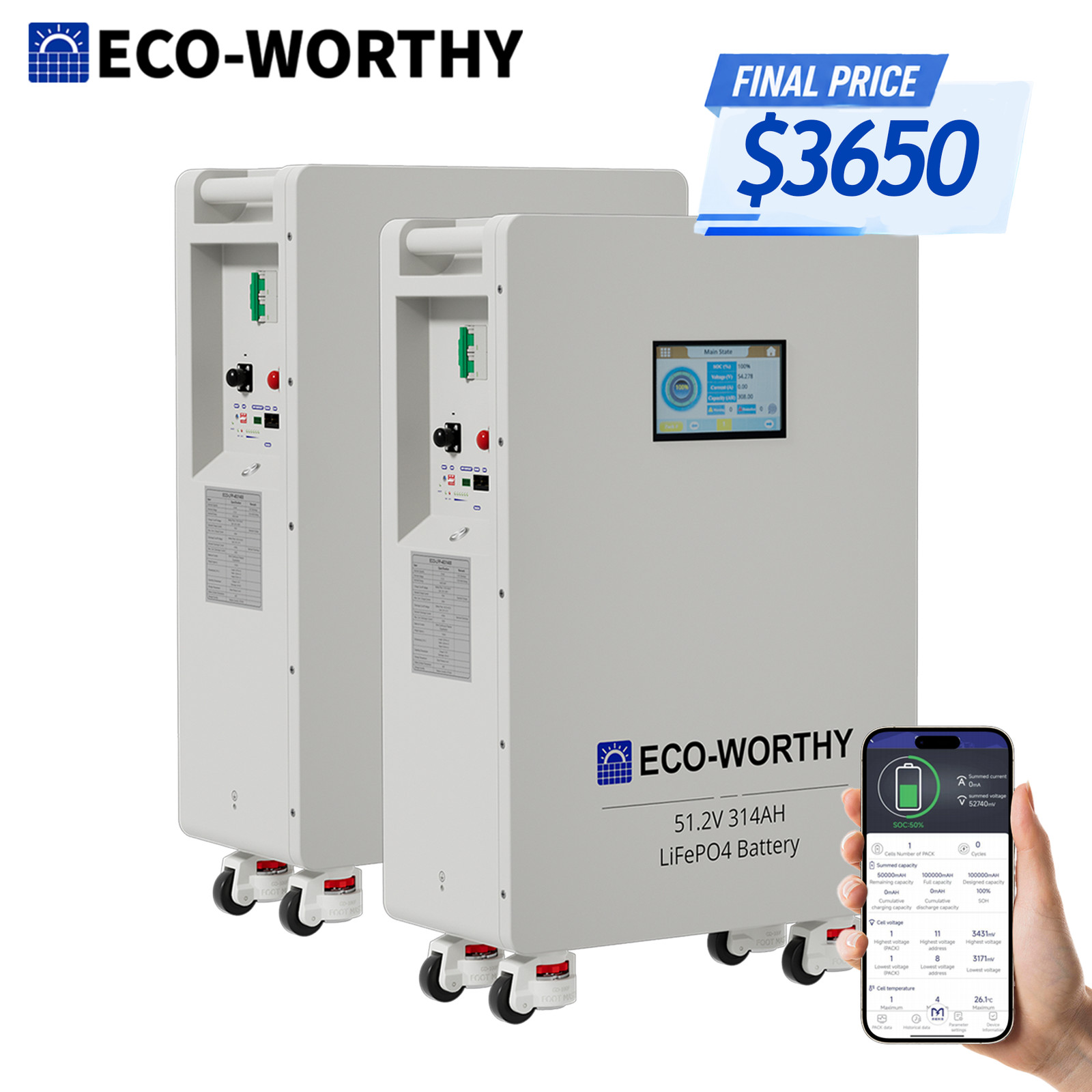 ECO-WORTHY 32.15kWh 2Pack 48V 314AH LiFePO4 Battery Vertical Standing Backup