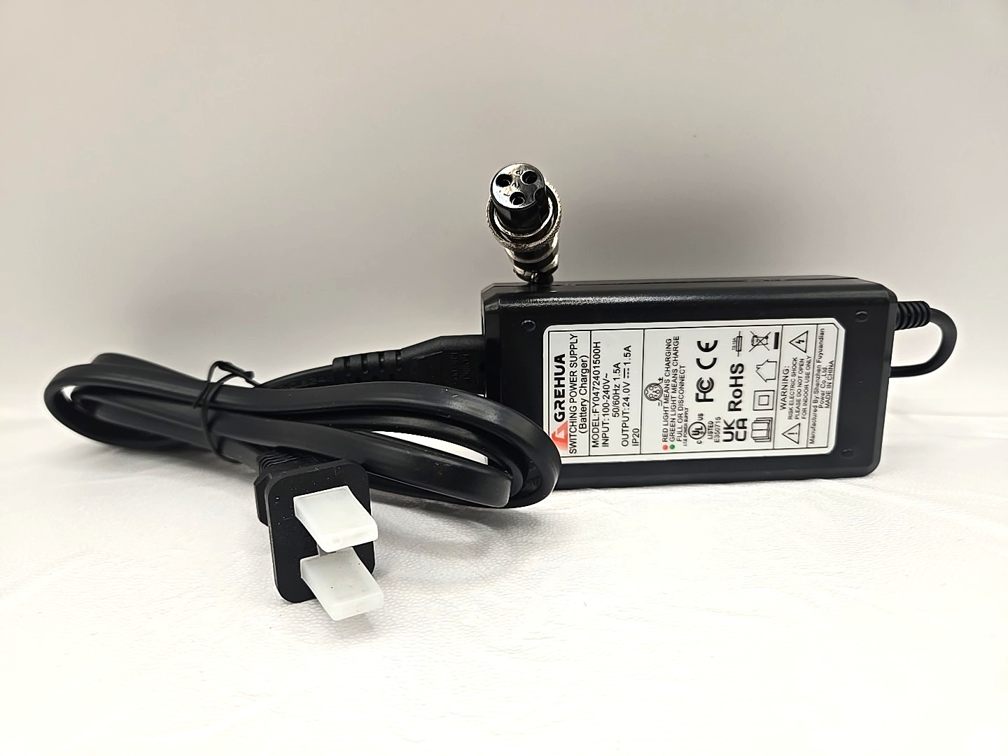 GREHUA FY0472401500H 24V 1.5A 3-Pin XLR Battery Charger Power Supply