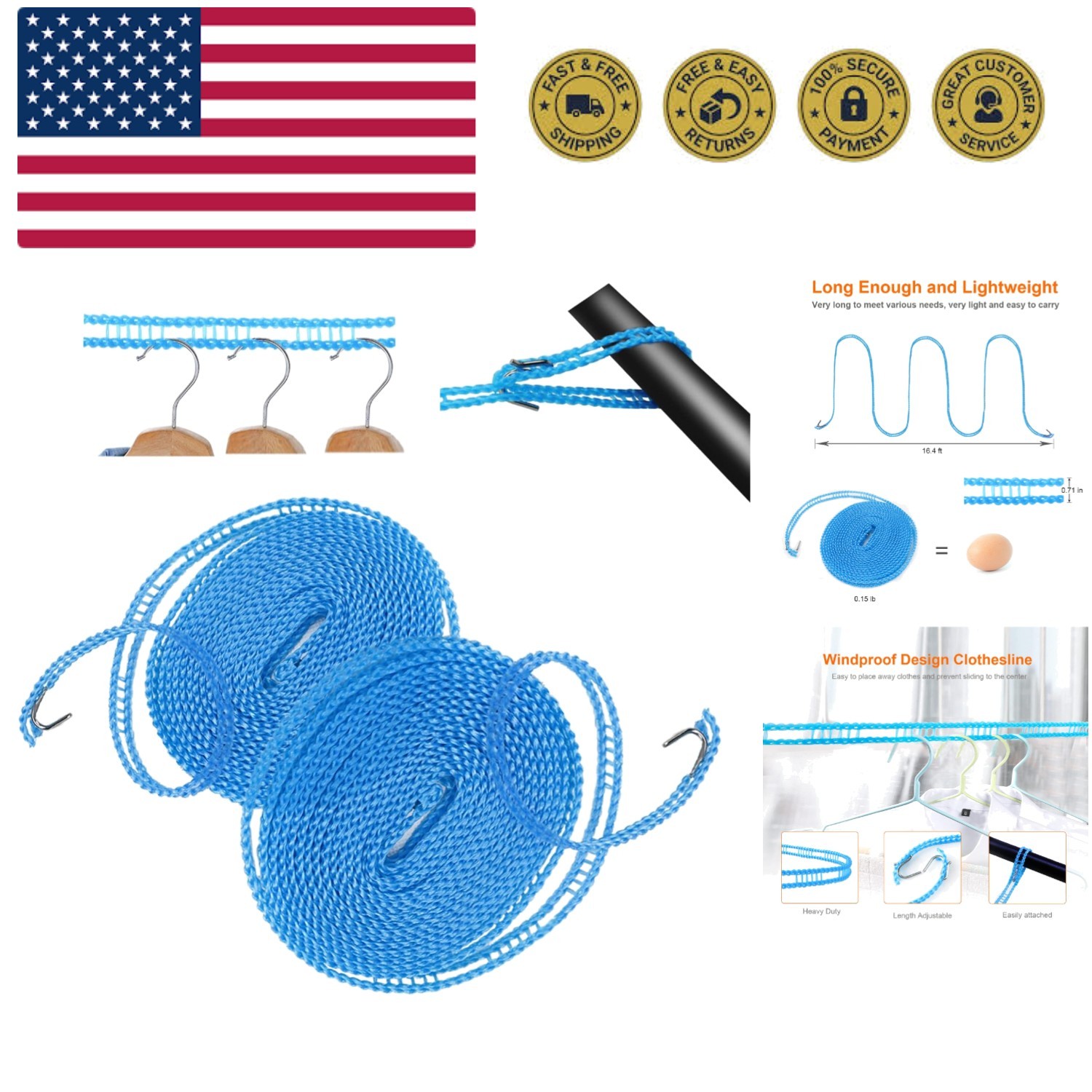 Versatile 2 Pack Windproof Clothes Lines - 16.4 ft Each for Indoor and Outdoor