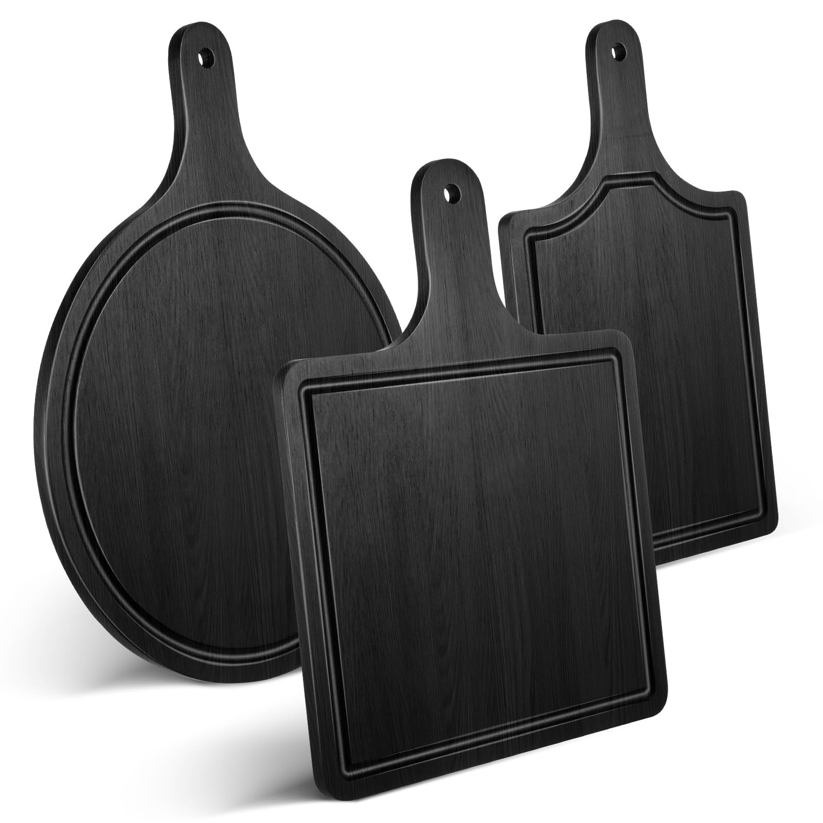 Geetery 3 Packs 12 Inch Black Wood Chopping Boards with Handle and Deep Juice...