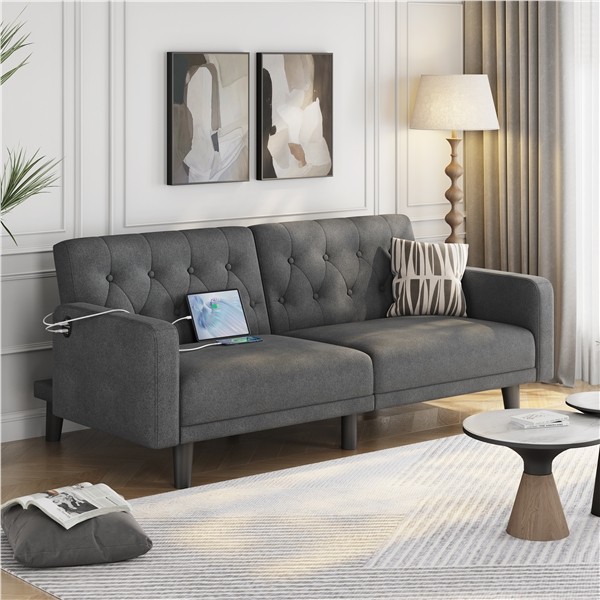 63in Convertible Futon Sofa Bed with USB Ports for Living Room, Guest Room