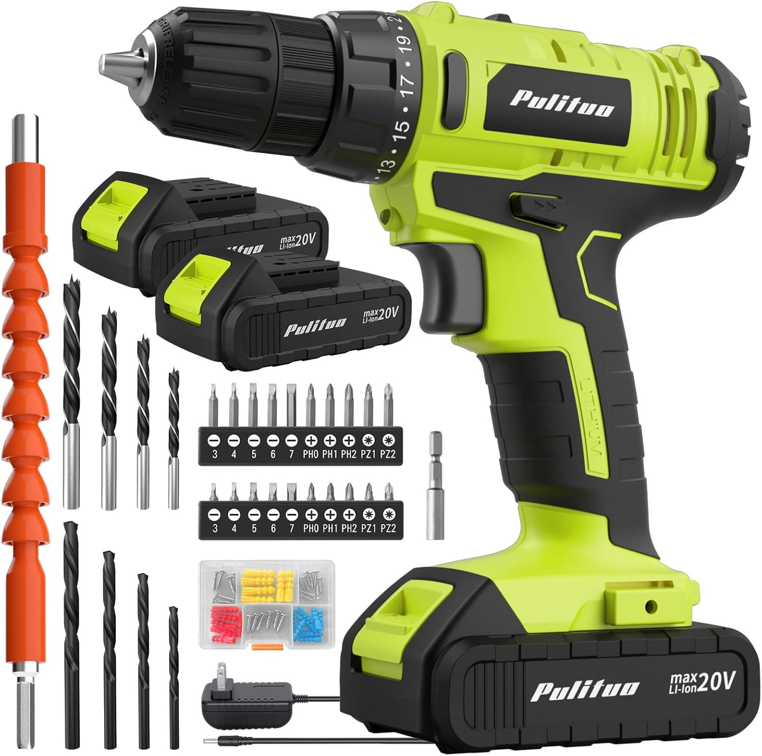 20V Cordless Drill/Driver,Electric Screwdriver- 2 Batt,30Nm,21+1 Torque,2 Speed