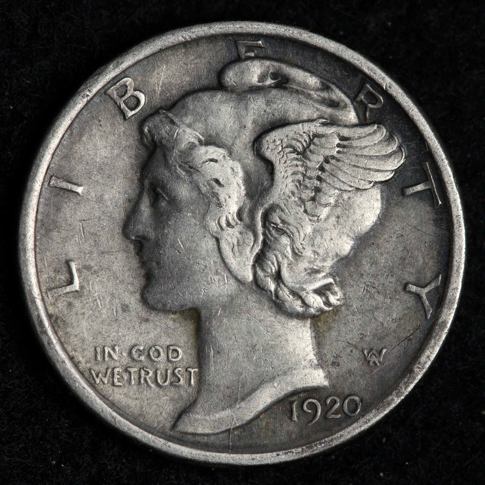 1920-D Mercury Silver Dime AU E144 SQCL