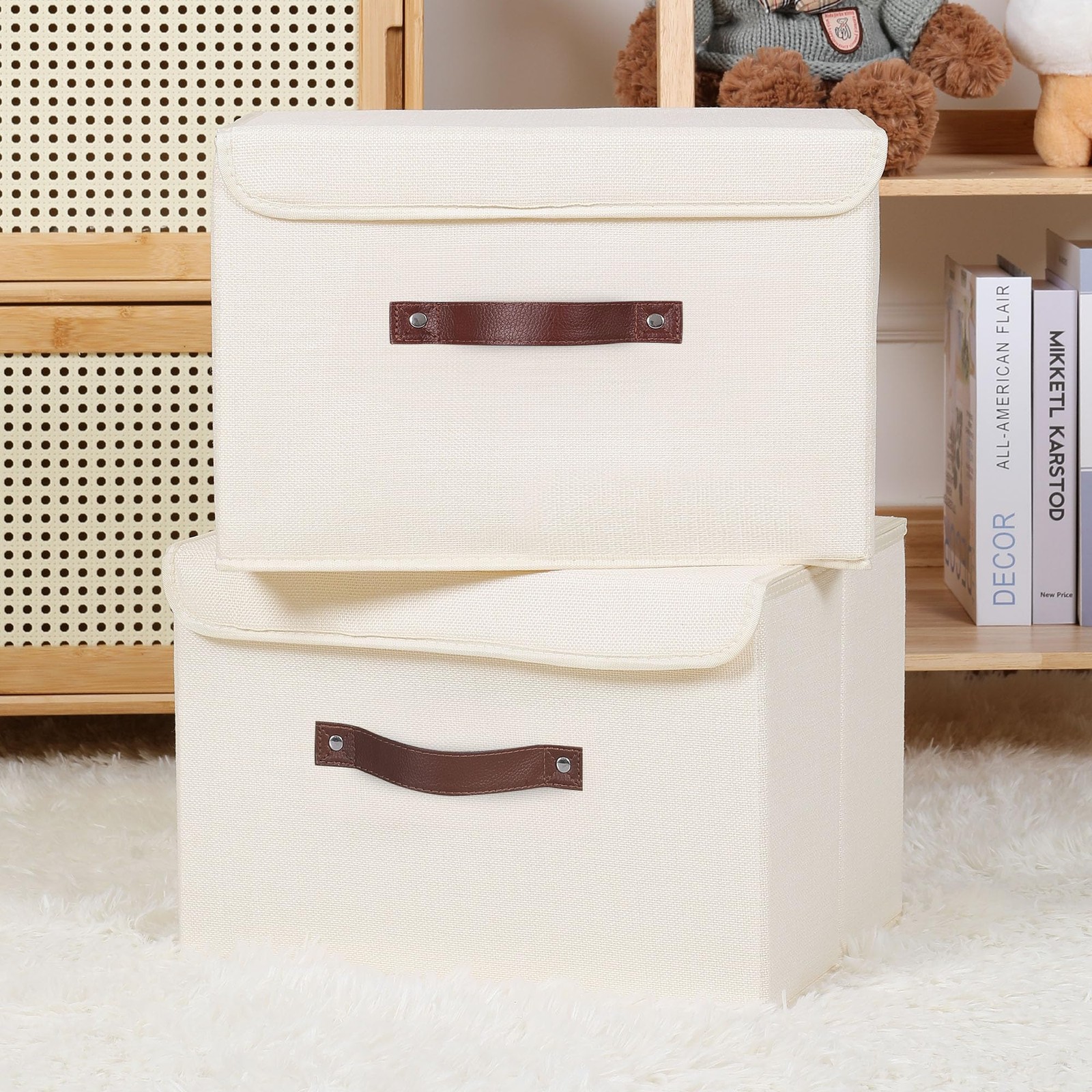 Foldable Storage Bin with Lid, PU Leather Handles, Beige, Large