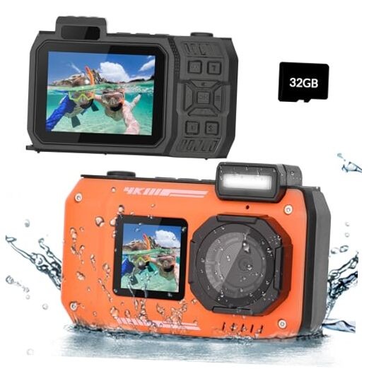 4K Underwater Camera 33 FT Waterproof Camera with Dual Screens Selfie Orange