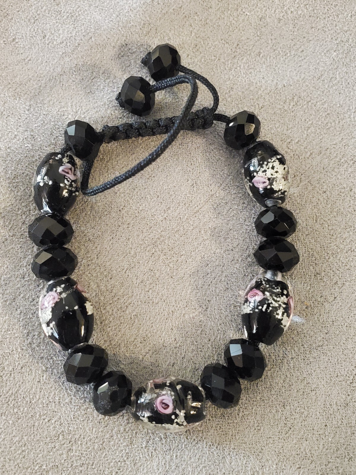 Handmade Black Sommerso Glass Pink Roses Adjustable Bracelet